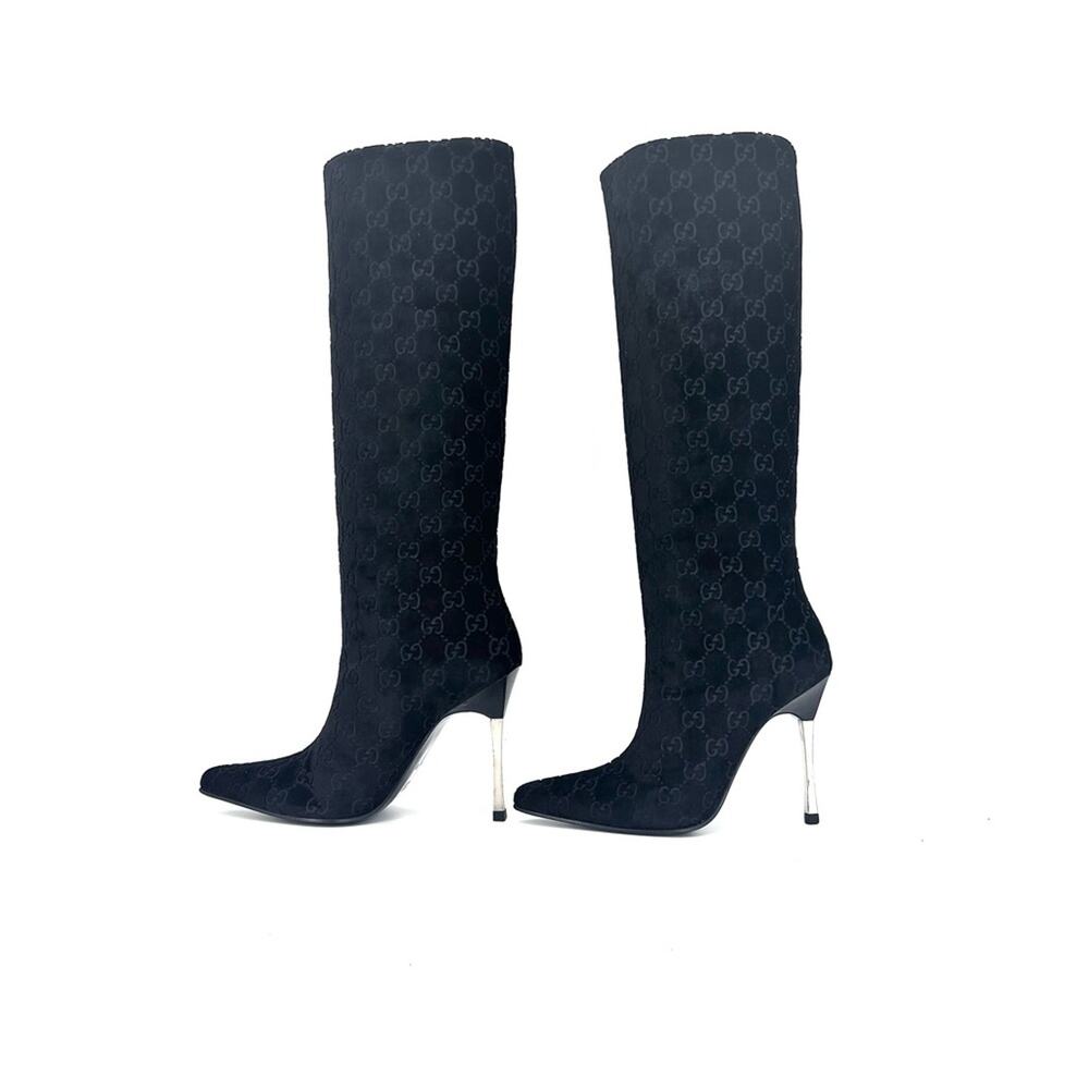 Gucci Tom Ford GG Monogram Velvet Black Knee High Pointed Toe Heeled Boots 6 - Picture 4 of 12